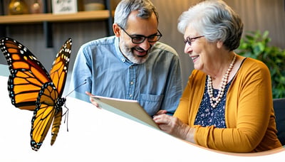 Newsletter signup illustration for Butterfly Guides, featuring seniors and advisors collaborating.